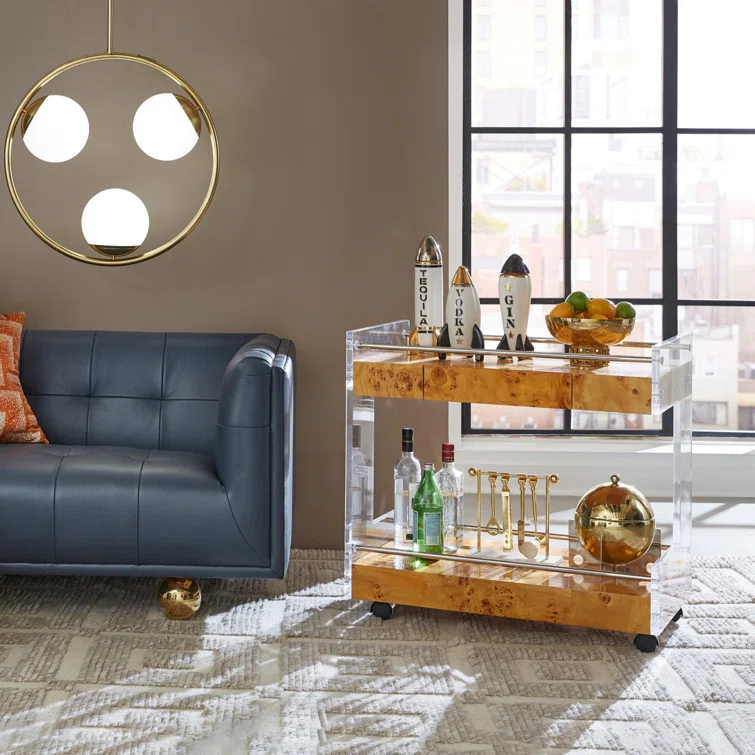 Honey-Hued Burled Wood and Acrylic Bar Cart with Stainless Steel Accents