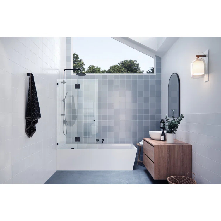 34 in. x 58 in. Frameless Glass Hinged Bathtub Door in Matte Black
