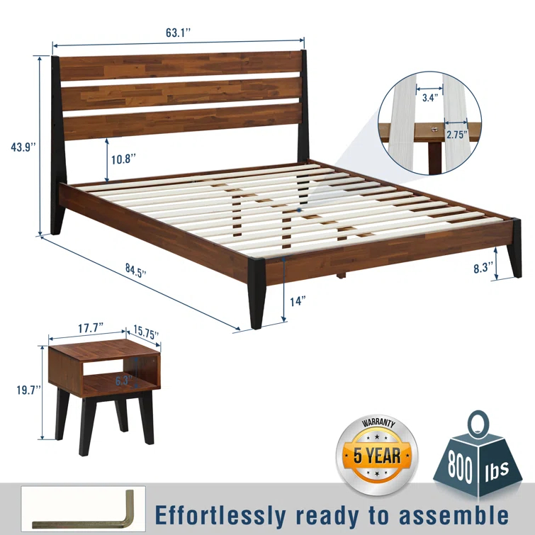 Acacia Emery 2-Pcs Bedroom Set – Solid Wood Platform Bed Frame & Matching Nightstand, Mid-Century Modern Farmhouse, 800 lbs Capacity, No Box Spring Needed