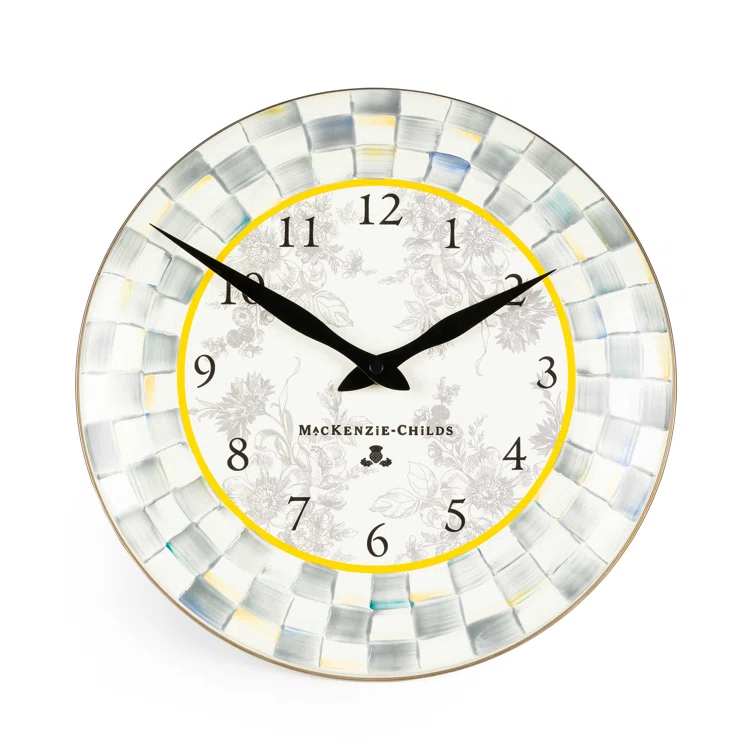 Gray and White Enamel Round Wall Clock with Hand-Painted Checks