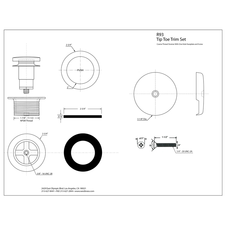 1-1/2" Coarse Thread Tip-Toe Bathtub Leg Drain Trim Set with One-Hole Overflow