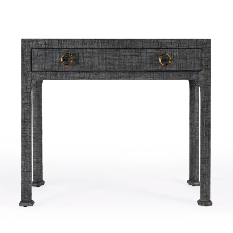 Gray Raffia Wrapped Rectangular Console Table with Drawer