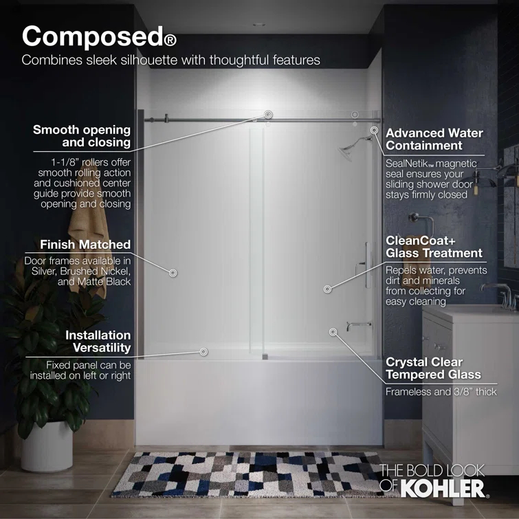 Composed 62 In. H Sliding Bath Door With 3/8 In. - Thick Glass