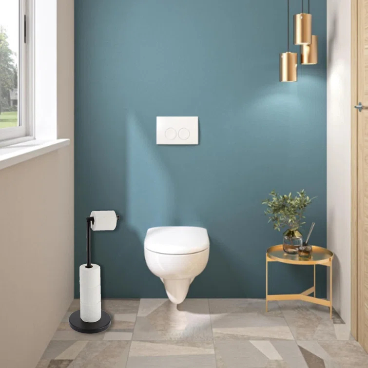 6715 Modern Freestanding Toilet Paper Dispenser and Reserve with Folding Arm for Compact Bathrooms