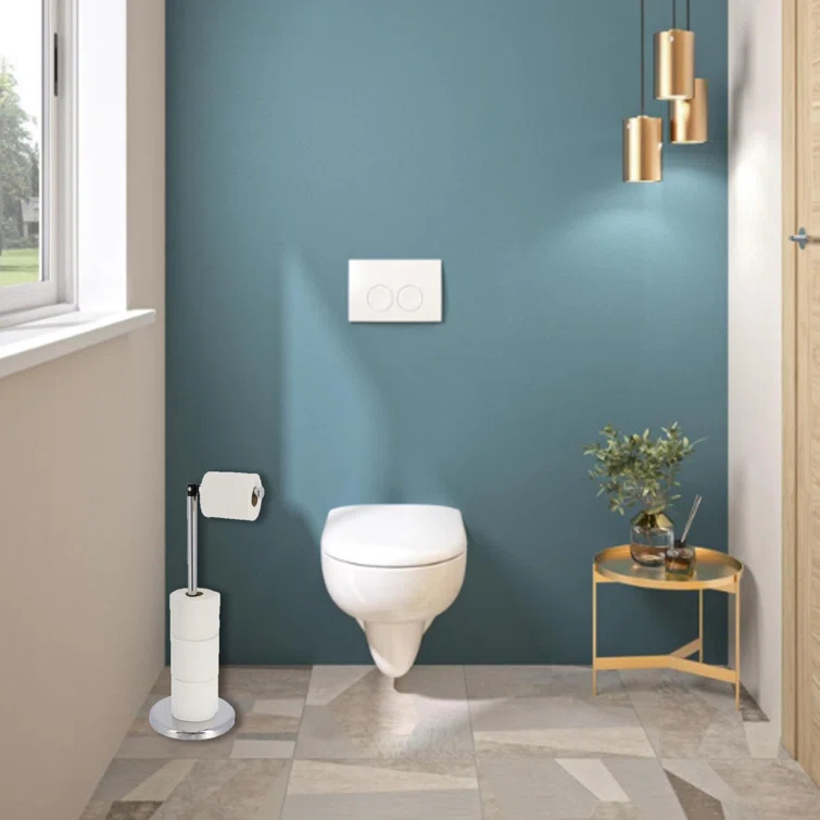 6715 Modern Freestanding Toilet Paper Dispenser and Reserve with Folding Arm for Compact Bathrooms