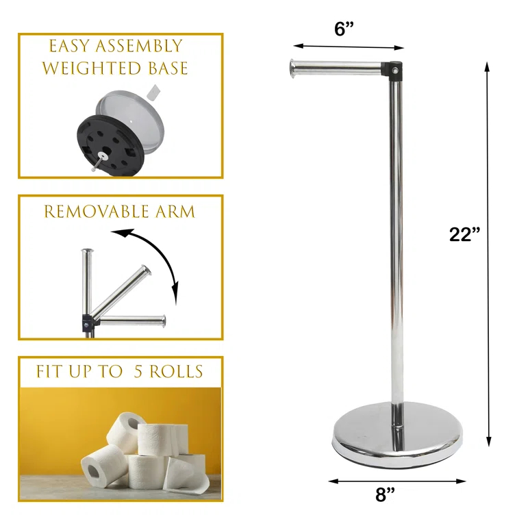 6715 Modern Freestanding Toilet Paper Dispenser and Reserve with Folding Arm for Compact Bathrooms