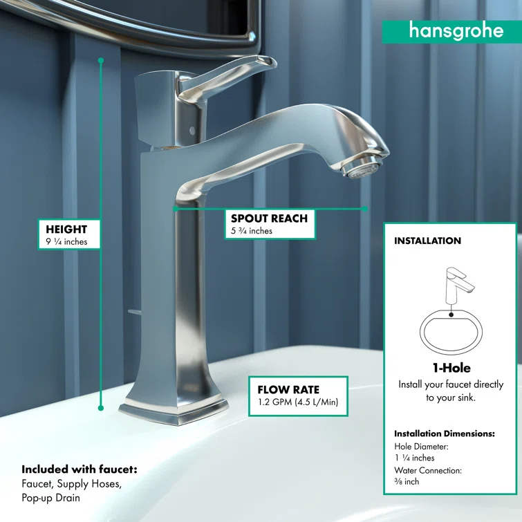 Hansgrohe Metropol Classic Single-Hole Faucet 160 with Drain Assembly, 1.2 GPM