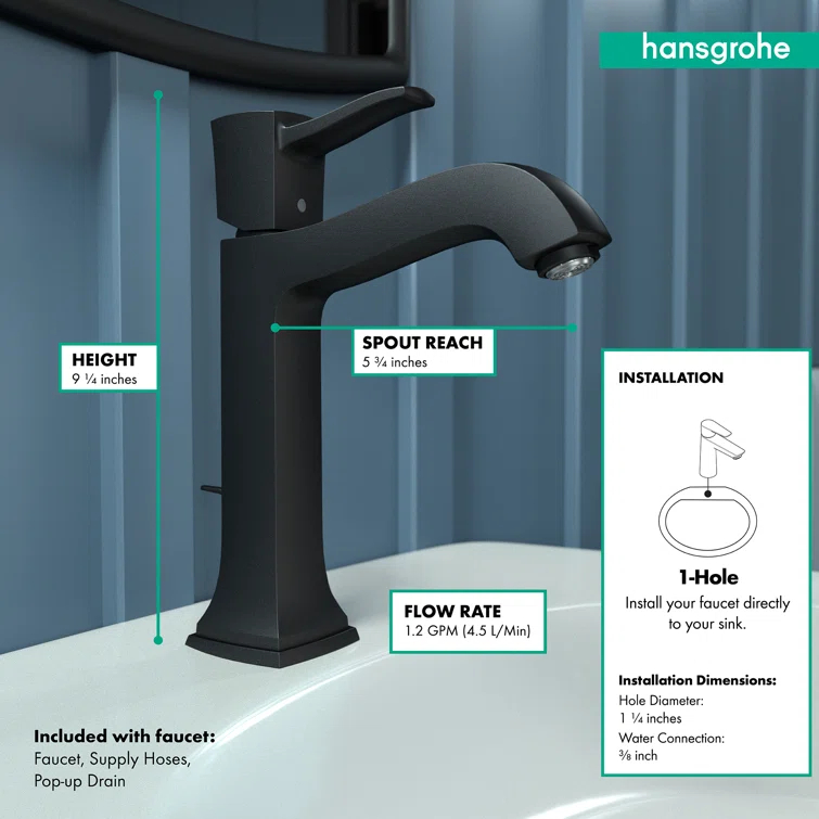 Hansgrohe Metropol Classic Single-Hole Faucet 160 with Drain Assembly, 1.2 GPM