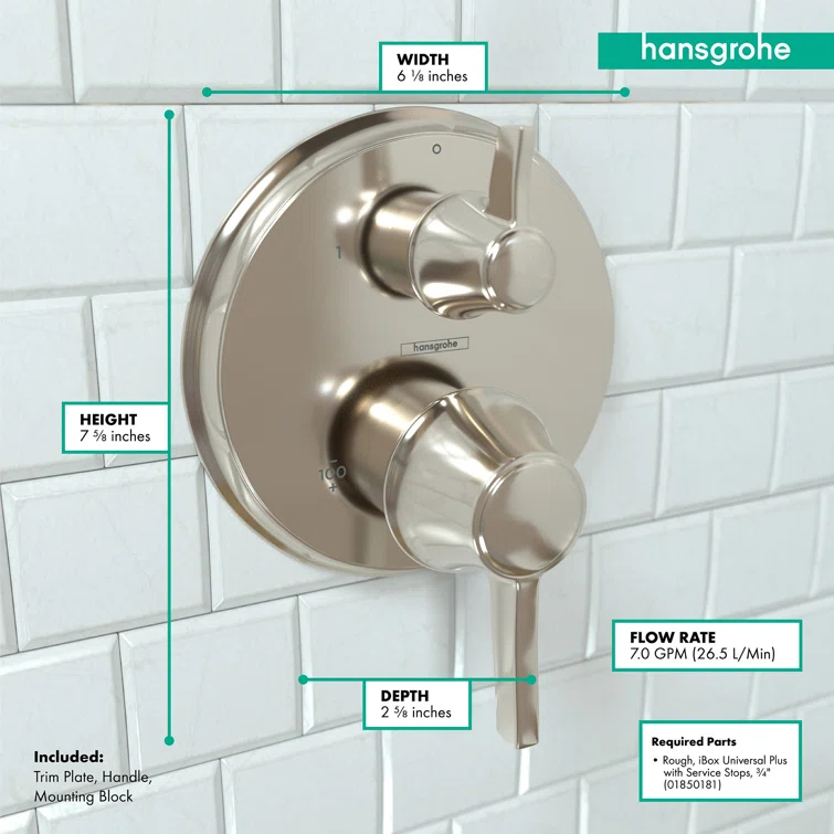 Ecostat C Thermostatic Volume Control and Diverter Faucet Trim with Lever Handle