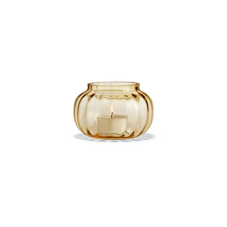 Amber Mouth-Blown Glass Tealight Holder with Wavy Exterior