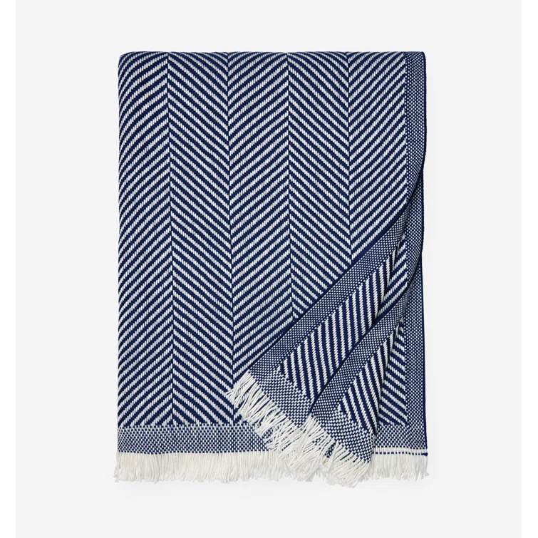 Nantucket Morning Herringbone Cotton Throw with Twisted Fringe - Navy