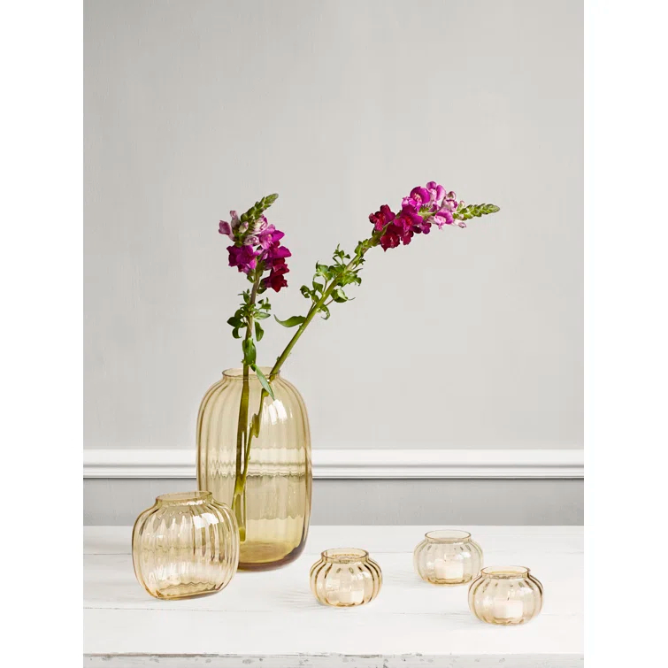 Amber Mouth-Blown Glass Tealight Holder with Wavy Exterior