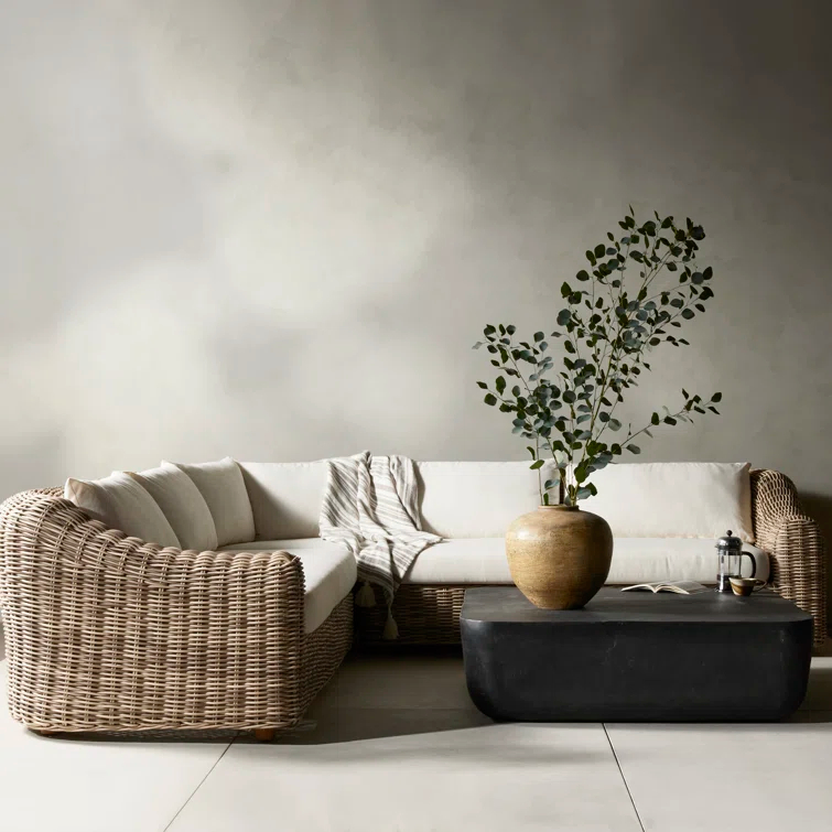 Teak and Woven Off-White Outdoor L-Shaped Sectional