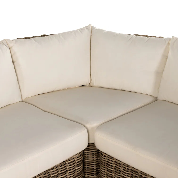 Teak and Woven Off-White Outdoor L-Shaped Sectional