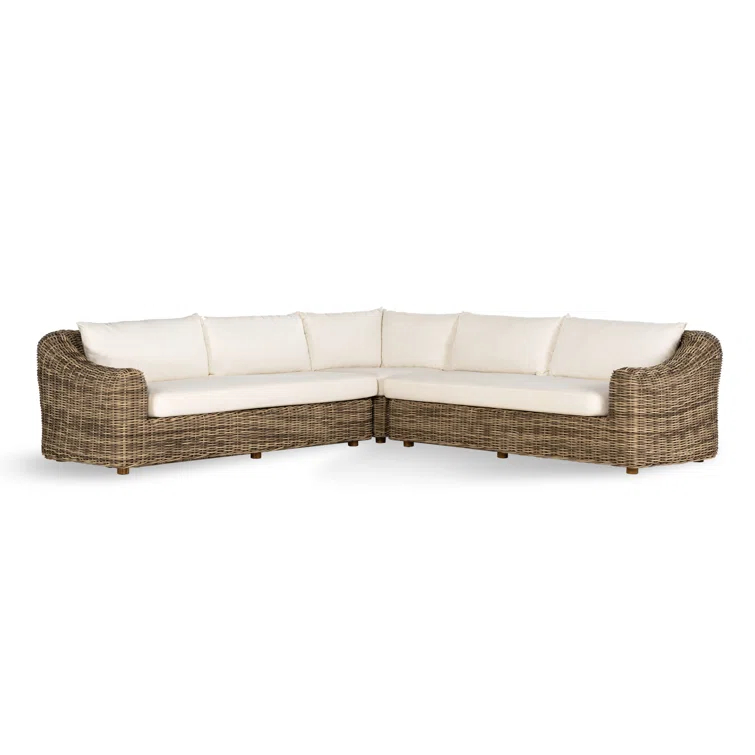 Teak and Woven Off-White Outdoor L-Shaped Sectional