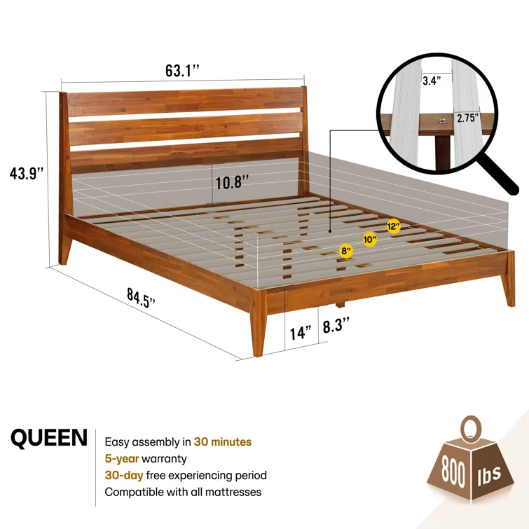 Acacia Premium Emery Solid Wood Platform Bed Frame with Headboard, King size Bed Frame and Headboard, Noise-Free, No Box Spring Needed