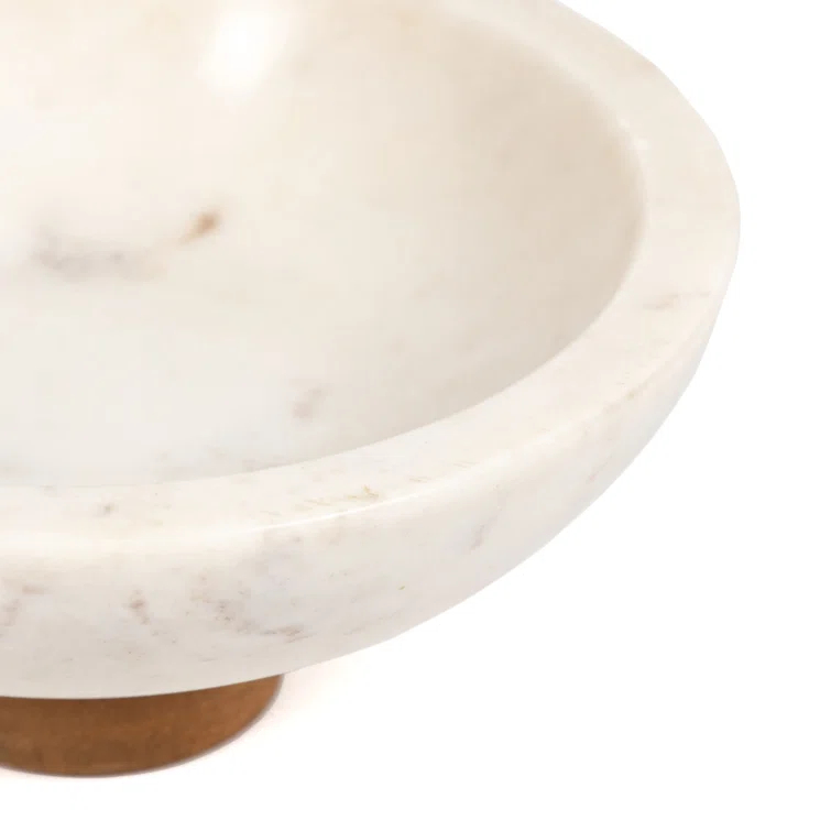 Honed White Marble Decorative Bowl with Auburn Mango Stand