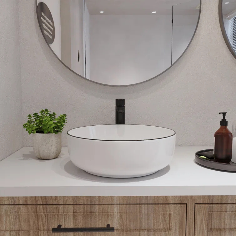 DeerValley Symmetry 16'' Circular White/Black Ceramic Vessel Bathroom Sink