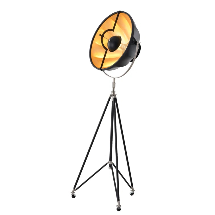 Adjustable Black Metal Tripod Floor Lamp with Gold Interior