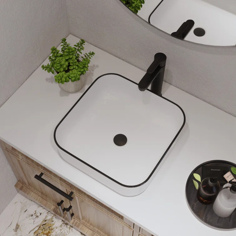 DeerValley Ace 15'' White/Black Square Ceramic Vessel Bathroom Sink