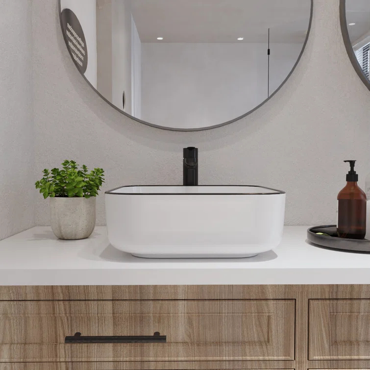 DeerValley Ace 15'' White/Black Square Ceramic Vessel Bathroom Sink