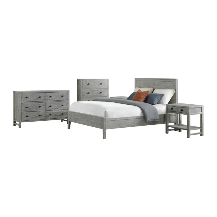 Arden 5-Piece King Bedroom Furniture Set w/ King-Sized Bed, 2x 2-Drawer Nightstands, 5-Drawer Chest & 6-Drawer Double Dresser, Solid Wood Set, Metal Bar Handles & Elegant Light Driftwood Finish