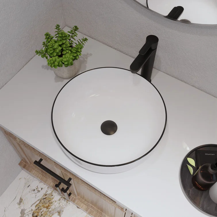 DeerValley Symmetry 16'' Circular White/Black Ceramic Vessel Bathroom Sink
