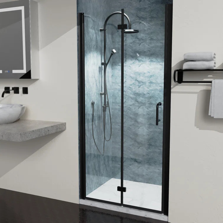 Lordear L-SD3672BBFH 36'' W x 72'' H Bi-Fold Semi-Frameless Shower Door with Clear Glass
