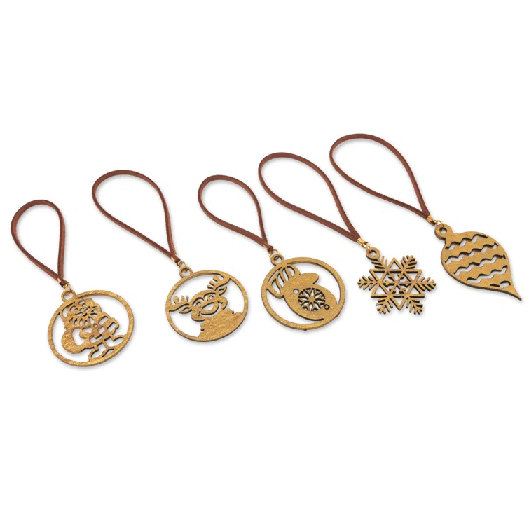 Handcrafted Gold-Toned Christmas Ornaments with Faux Suede Ribbons (Set of 5)