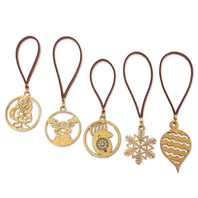 Handcrafted Gold-Toned Christmas Ornaments with Faux Suede Ribbons (Set of 5)