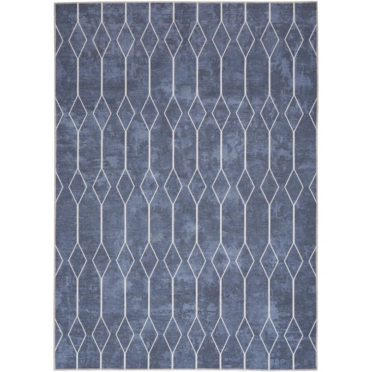Pymble Geometric Machine Washable Area Rug in Navy Blue