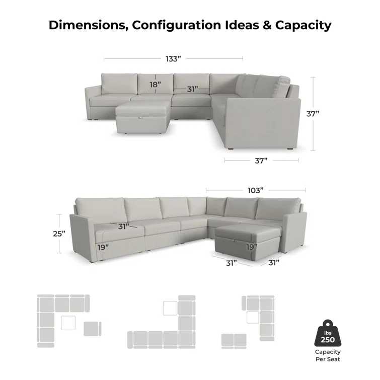 Flex 6 - Piece Upholstered Modular Sectional with Storage Ottoman