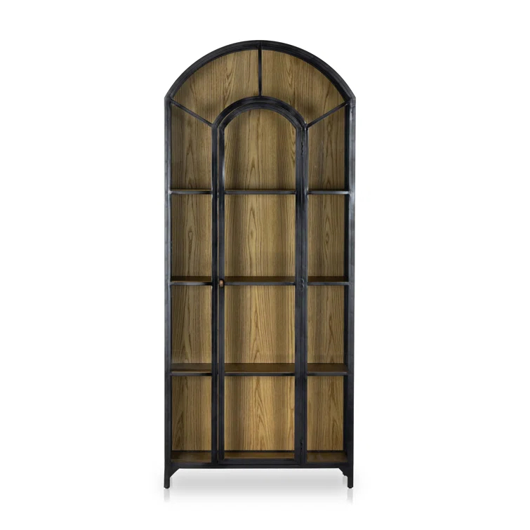 Tall Black Iron and Oak Arched Bookcase Cabinet
