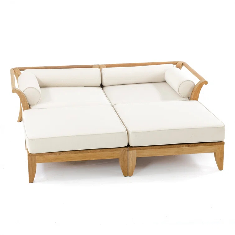 Reversible Brown Teak Outdoor Daybed with Off-White Cushions