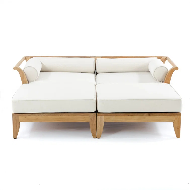 Reversible Brown Teak Outdoor Daybed with Off-White Cushions
