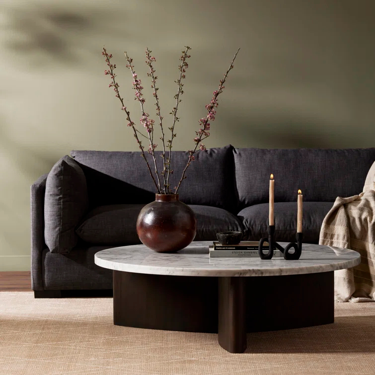 Rustic Gray Round Oak Coffee Table with Storage