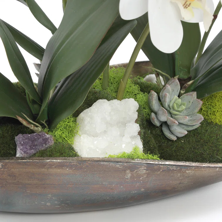 Cream White Silk Orchid Floral Arrangement in Metal Tray