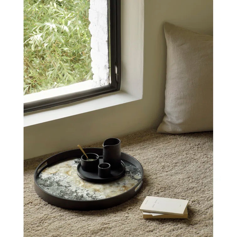 Hand-Finished Round Dark Wood and Glass Tray