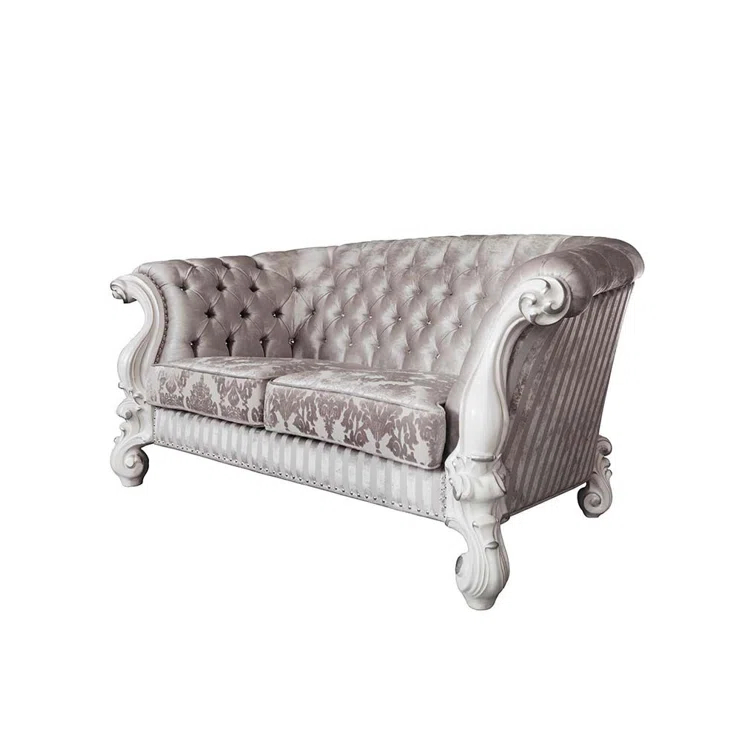 76" Versailles Sofa Ivory Fabric & Bone White Finish - Acme Furniture: Crescent, Nailhead Trim, Leather