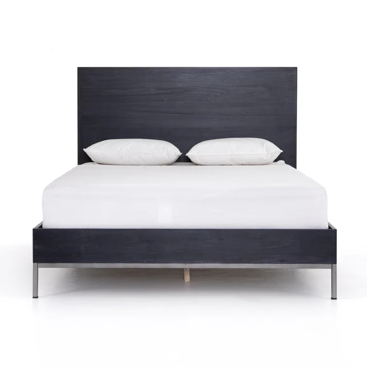 Modern Black Metal Frame Queen Bed with Wood Headboard