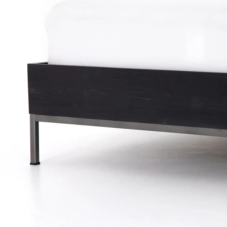 Modern Black Metal Frame Queen Bed with Wood Headboard