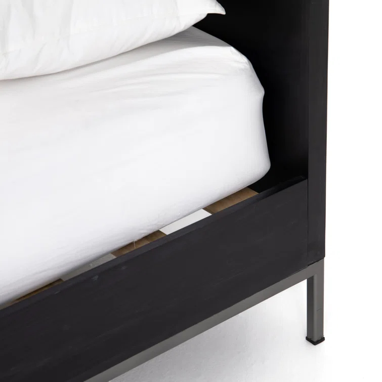 Modern Black Metal Frame Queen Bed with Wood Headboard