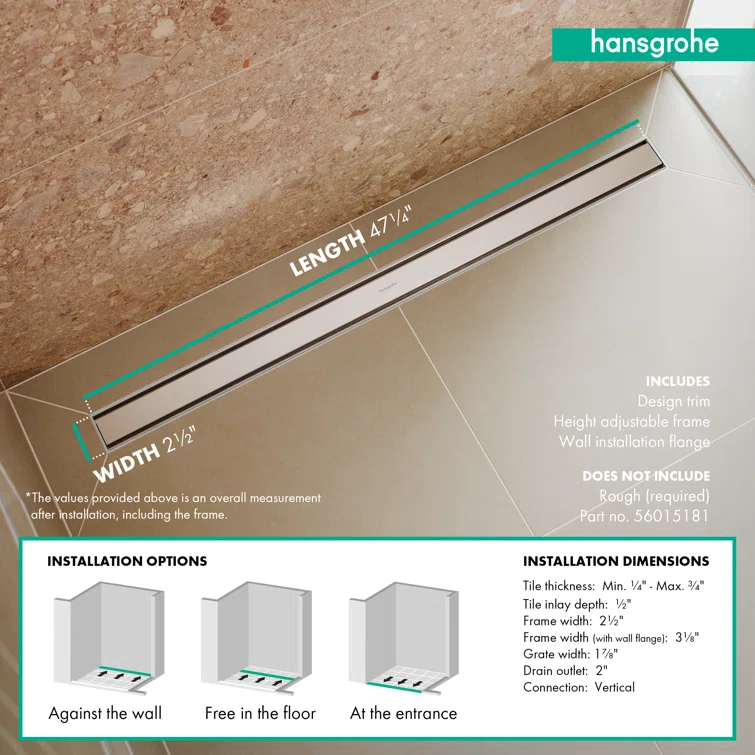 Hansgrohe RainDrain Match Trim Zero/ Tile 47 1/4" with Height Adjustable Frame