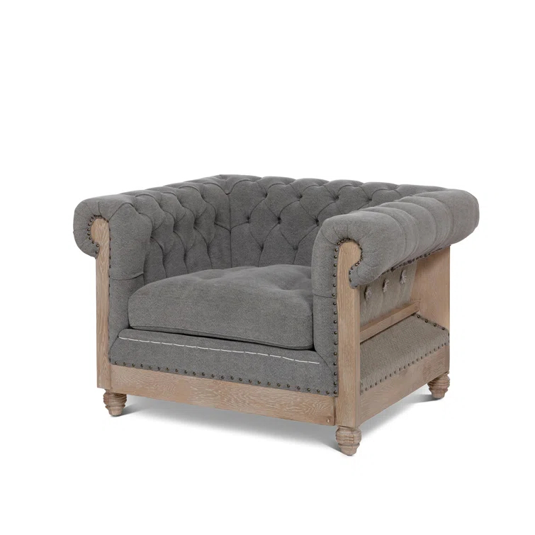 Gray Handcrafted Wood Chesterfield Accent Chair