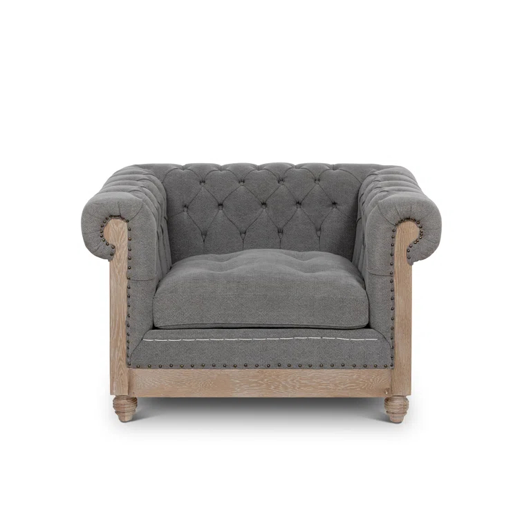 Gray Handcrafted Wood Chesterfield Accent Chair