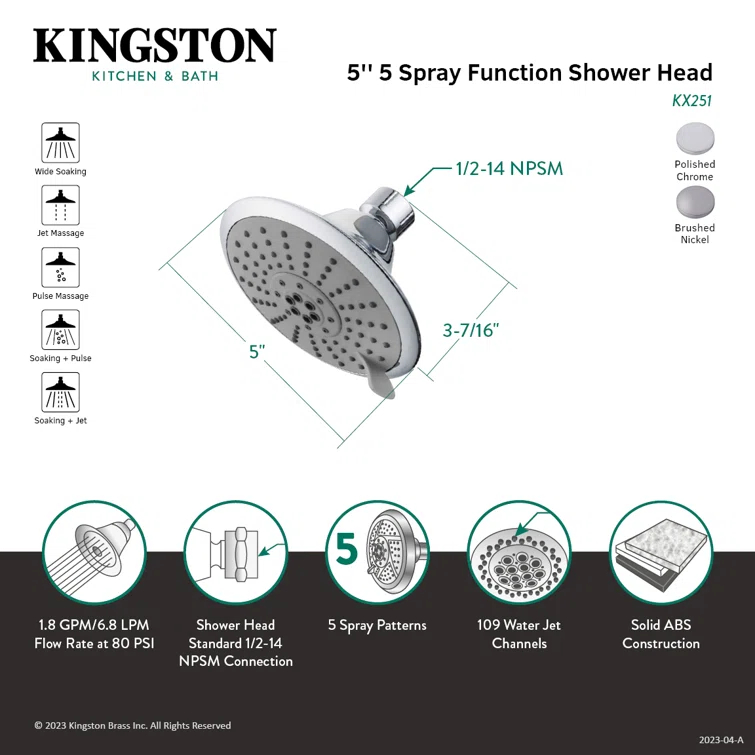 Kingston Brass Shower Scape 5-Inch Round 5-Function ABS Shower Head