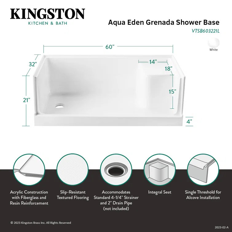 Kingston Brass Grenada 60-Inch x 32-Inch Anti-Skid Acrylic Shower Base with Integral Seat
