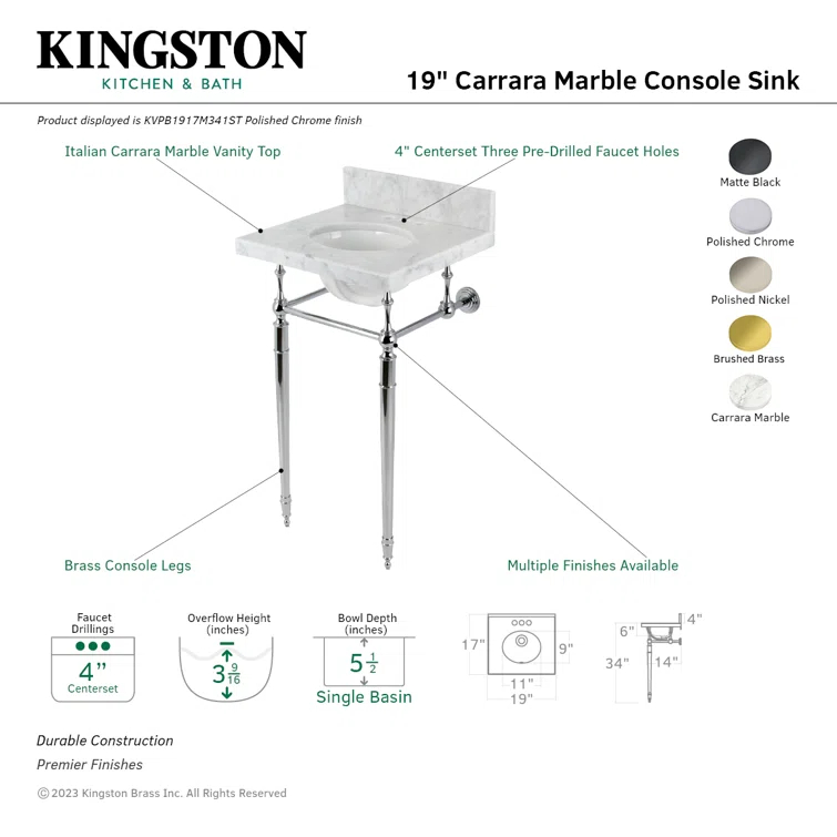 Kingston Brass Edwardian 19-Inch Carrara Marble Console Sink with Brass Legs (4-Inch, 3-Hole)