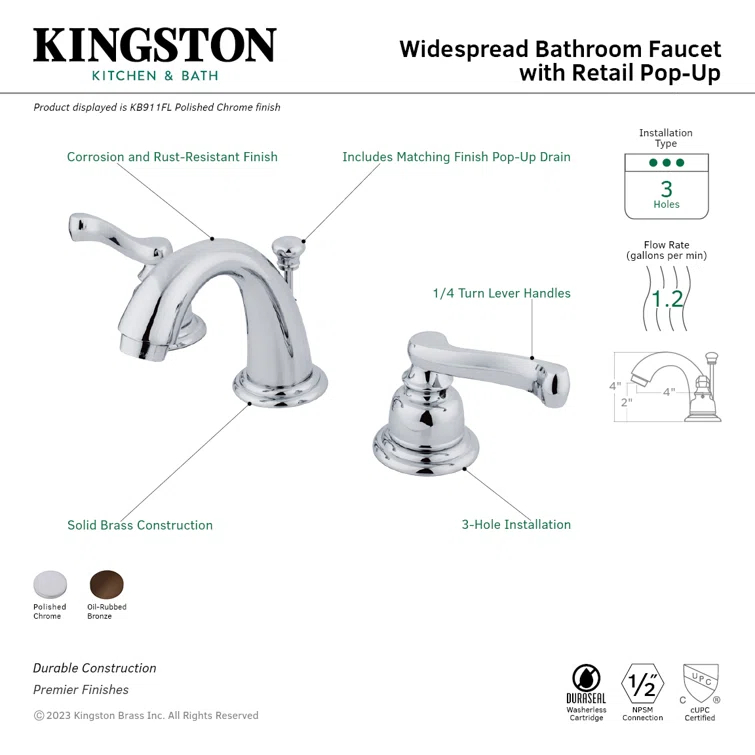 Kingston Brass Royale Two-Handle 3-Hole Deck Mount Widespread Bathroom Faucet with Retail Pop-Up Drain
