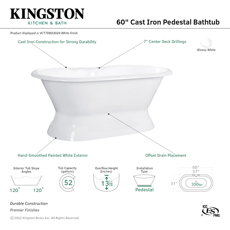 Kingston Brass Aqua Eden 60-Inch Cast Iron Oval Double Ended Pedestal Tub (7-Inch Faucet Drillings)
